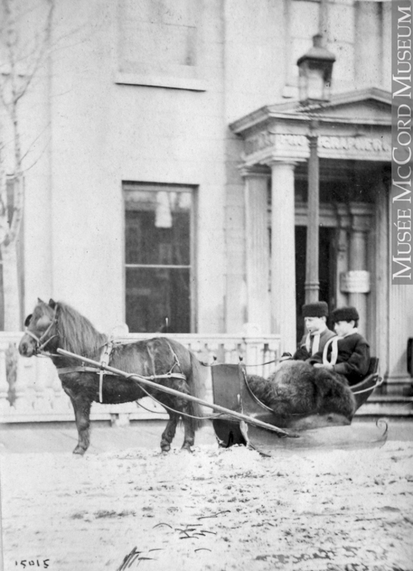 Original title:  Photograph Masters Edward B. and S. Greenshields in sleigh at Notman's studio, Bleury Street, Montreal, QC, 1865 William Notman (1826-1891) 1865, 19th century Silver salts on paper - Albumen process 8.5 x 5.6 cm Purchase from Associated Screen News Ltd. I-15015.1 © McCord Museum Keywords:  horse drawn (374) , Photograph (77678) , Transportation (2516)